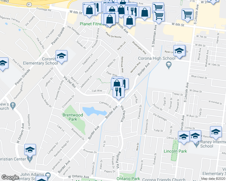 map of restaurants, bars, coffee shops, grocery stores, and more near 1371 Vía Del Rio in Corona
