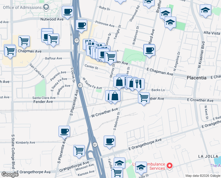 map of restaurants, bars, coffee shops, grocery stores, and more near 412 West Santa Fe Avenue in Placentia