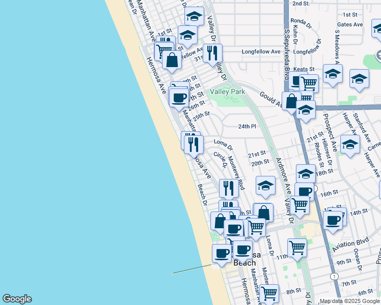 map of restaurants, bars, coffee shops, grocery stores, and more near 2227 Hermosa Avenue in Hermosa Beach