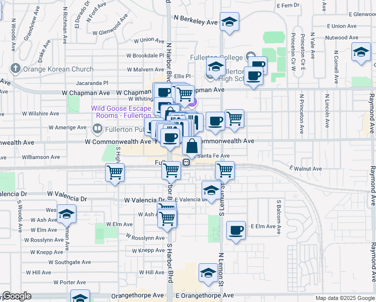 map of restaurants, bars, coffee shops, grocery stores, and more near in Fullerton
