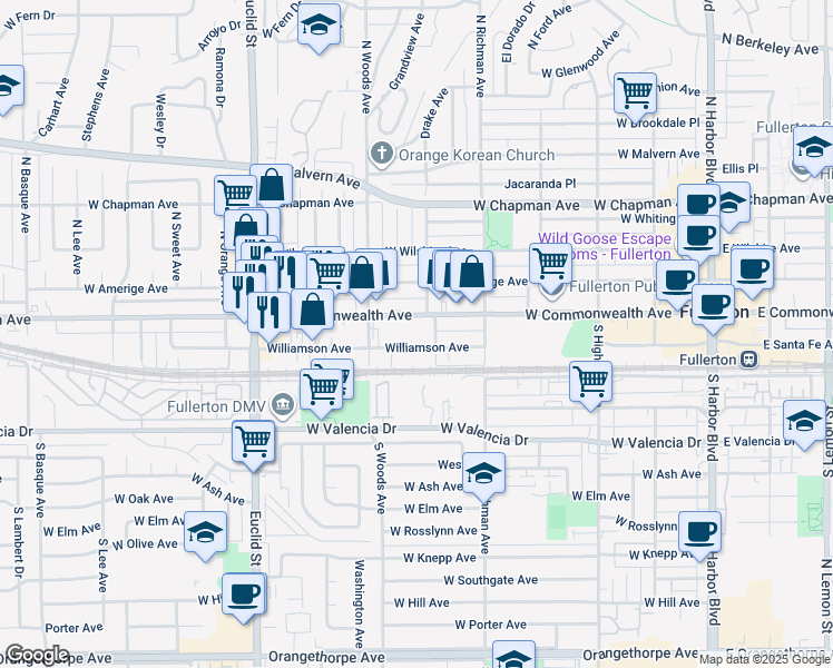 map of restaurants, bars, coffee shops, grocery stores, and more near 600 West Commonwealth Avenue in Fullerton