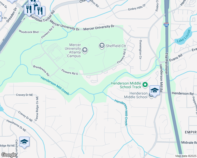 map of restaurants, bars, coffee shops, grocery stores, and more near 3191 Flowers Road South in Atlanta
