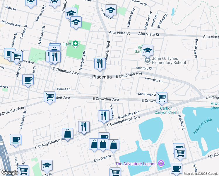 map of restaurants, bars, coffee shops, grocery stores, and more near 212 South Kraemer Boulevard in Placentia