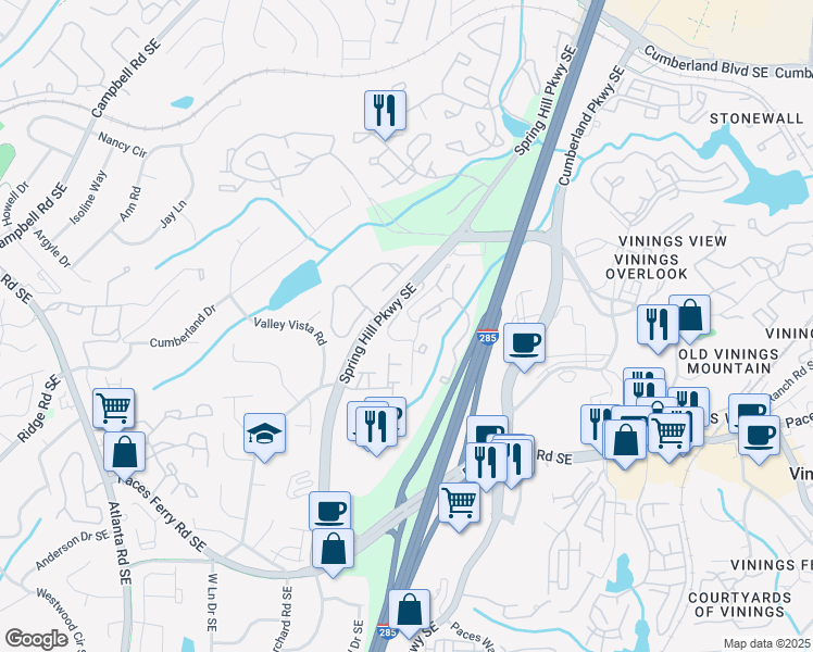 map of restaurants, bars, coffee shops, grocery stores, and more near 3375 Spring Hill Parkway Southeast in Smyrna