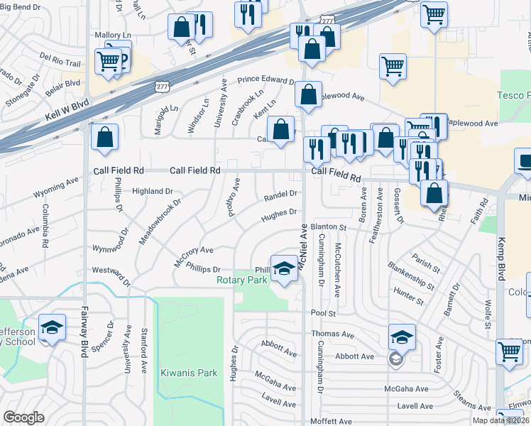 map of restaurants, bars, coffee shops, grocery stores, and more near 4205 Randel Drive in Wichita Falls