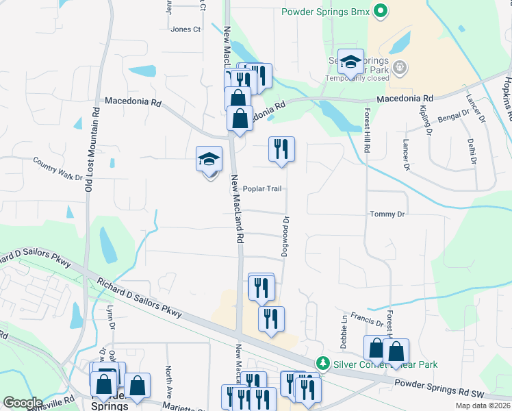 map of restaurants, bars, coffee shops, grocery stores, and more near 4130 Cedar Ridge Road in Powder Springs