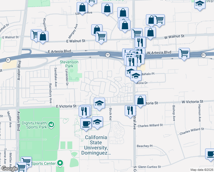 map of restaurants, bars, coffee shops, grocery stores, and more near 17614 Crabapple Way in Carson