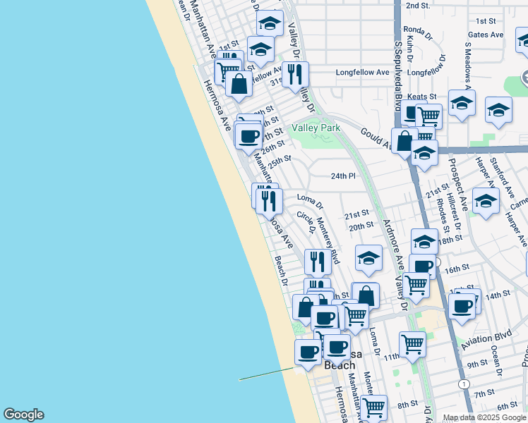 map of restaurants, bars, coffee shops, grocery stores, and more near 2227 Hermosa Avenue in Hermosa Beach