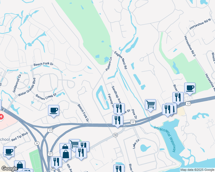 map of restaurants, bars, coffee shops, grocery stores, and more near 4047 Fairway Drive in Little River