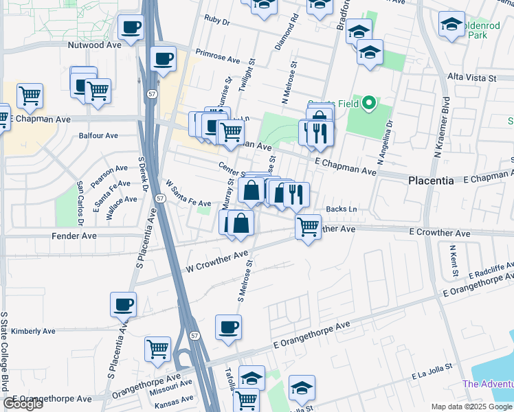 map of restaurants, bars, coffee shops, grocery stores, and more near 228 South Melrose Street in Placentia