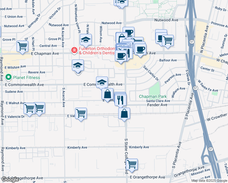 map of restaurants, bars, coffee shops, grocery stores, and more near 2300 East Commonwealth Avenue in Fullerton