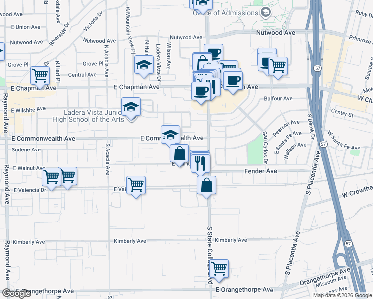 map of restaurants, bars, coffee shops, grocery stores, and more near 2300 East Commonwealth Avenue in Fullerton
