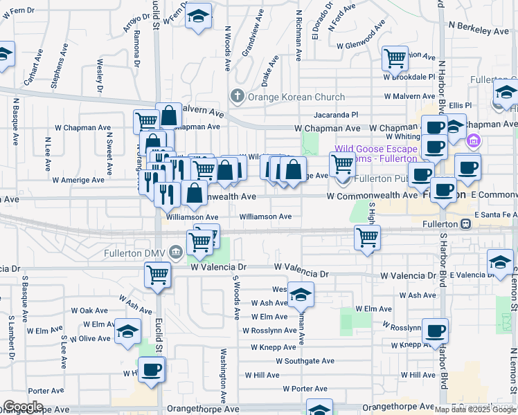 map of restaurants, bars, coffee shops, grocery stores, and more near 616 West Commonwealth Avenue in Fullerton