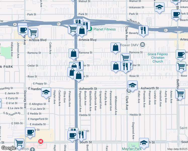 map of restaurants, bars, coffee shops, grocery stores, and more near 9115 Rose Street in Bellflower