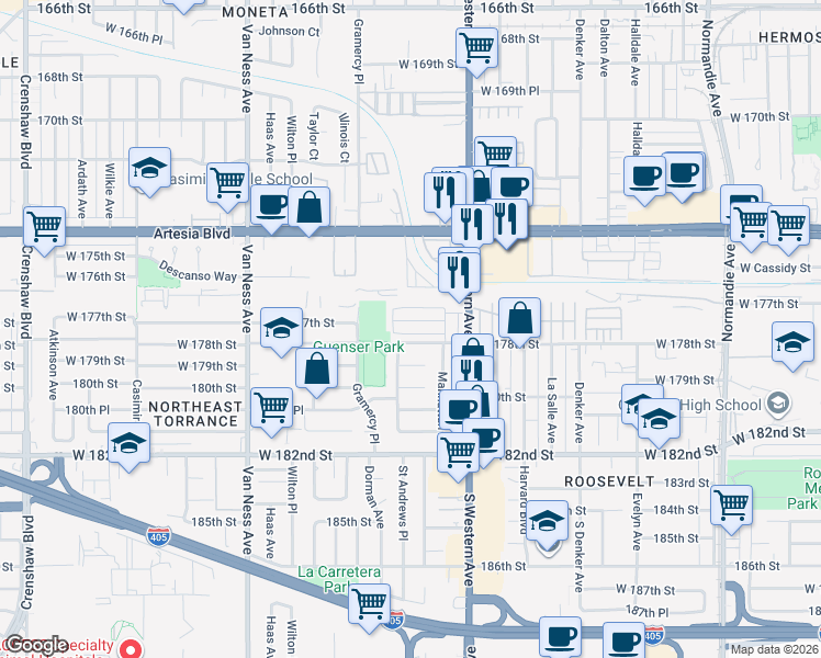 map of restaurants, bars, coffee shops, grocery stores, and more near 17705 South Western Avenue in Gardena