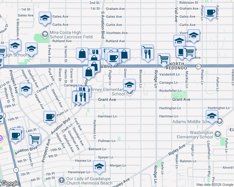 map of restaurants, bars, coffee shops, grocery stores, and more near 1905 Rockefeller Lane in Redondo Beach