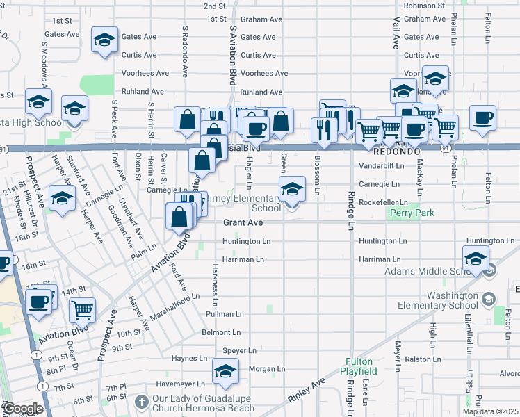 map of restaurants, bars, coffee shops, grocery stores, and more near 1905 Rockefeller Lane in Redondo Beach
