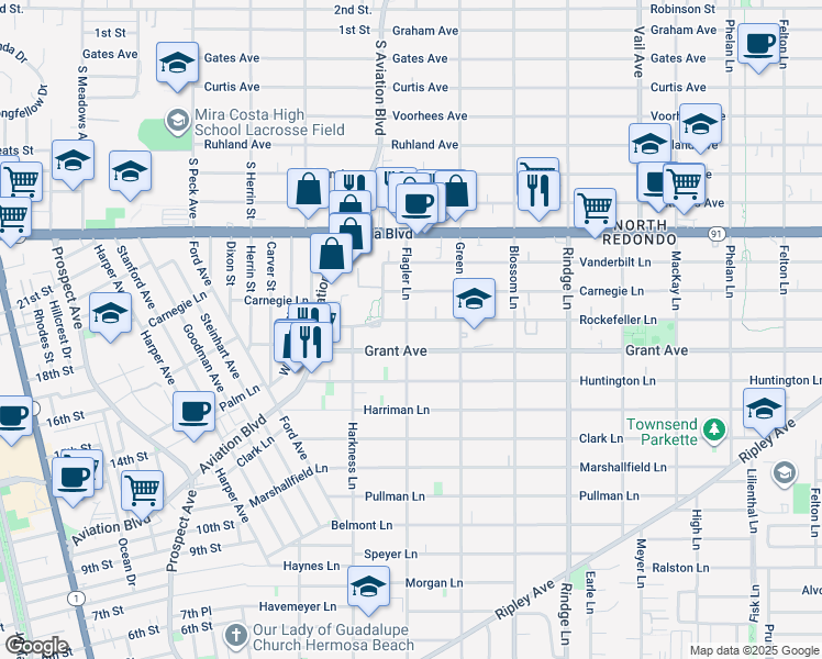 map of restaurants, bars, coffee shops, grocery stores, and more near 1905 Rockefeller Lane in Redondo Beach