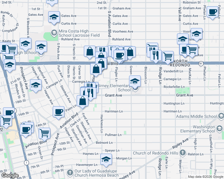 map of restaurants, bars, coffee shops, grocery stores, and more near 1831 Rockefeller Lane in Redondo Beach