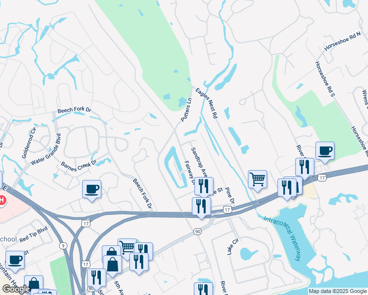 map of restaurants, bars, coffee shops, grocery stores, and more near 4047 Fairway Drive in Little River