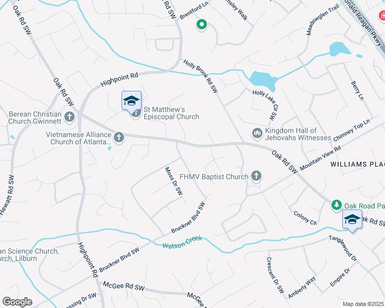 map of restaurants, bars, coffee shops, grocery stores, and more near 1621 Oak Road Southwest in Snellville