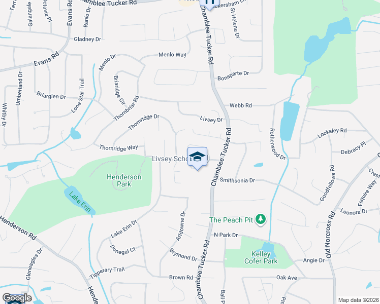 map of restaurants, bars, coffee shops, grocery stores, and more near 2824 Livsey Woods Drive in Tucker