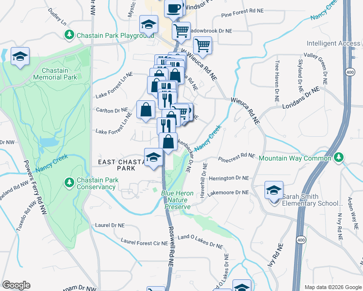 map of restaurants, bars, coffee shops, grocery stores, and more near 4222 Rickenbacker Drive Northeast in Atlanta