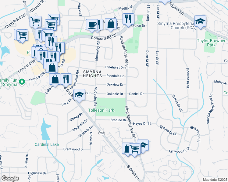map of restaurants, bars, coffee shops, grocery stores, and more near 1137 Oakdale Drive in Smyrna