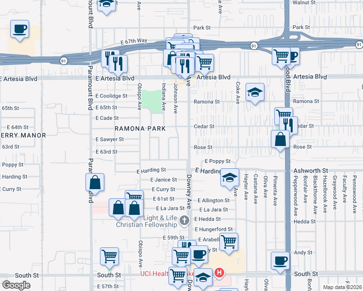 map of restaurants, bars, coffee shops, grocery stores, and more near in Lakewood