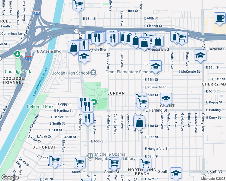 map of restaurants, bars, coffee shops, grocery stores, and more near 6327 California Avenue in Long Beach