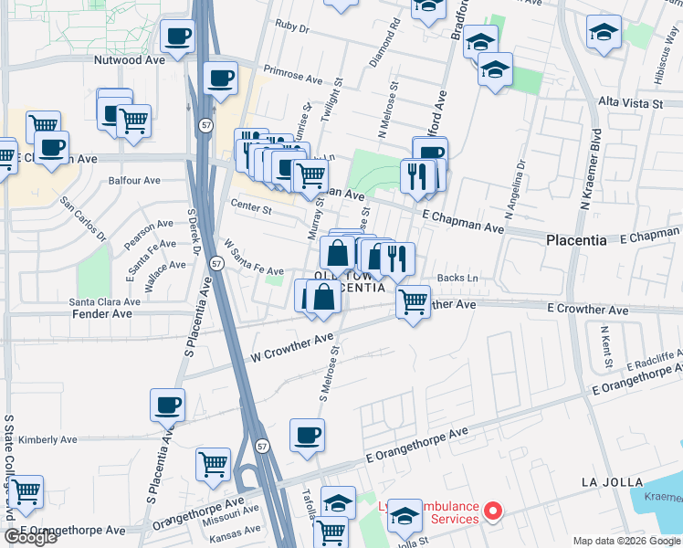 map of restaurants, bars, coffee shops, grocery stores, and more near 317 W Santa Fe Ave in Placentia