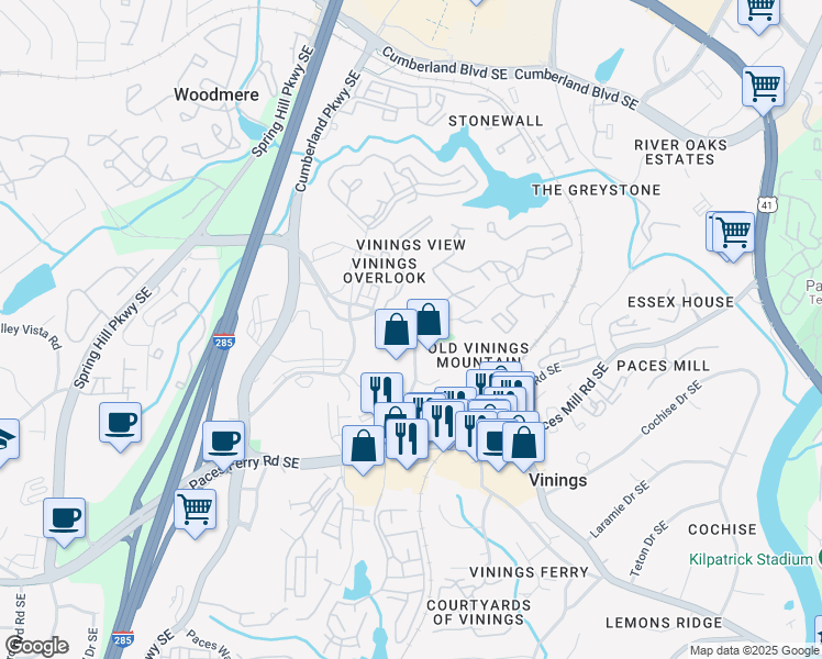 map of restaurants, bars, coffee shops, grocery stores, and more near 2800 Overlook Parkway in Atlanta
