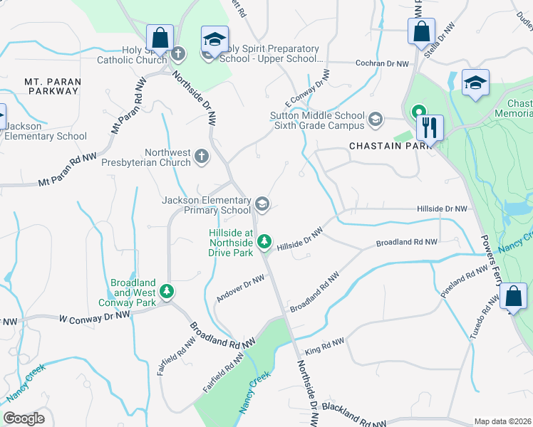 map of restaurants, bars, coffee shops, grocery stores, and more near 4191 Northside Drive Northwest in Atlanta