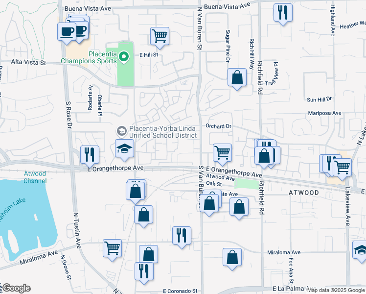 map of restaurants, bars, coffee shops, grocery stores, and more near 1548 Spruce Street in Placentia