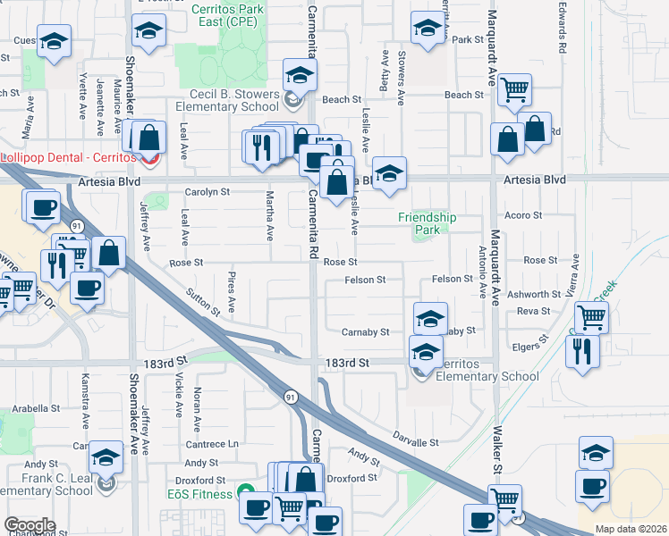 map of restaurants, bars, coffee shops, grocery stores, and more near 17731 Alexander Place in Cerritos