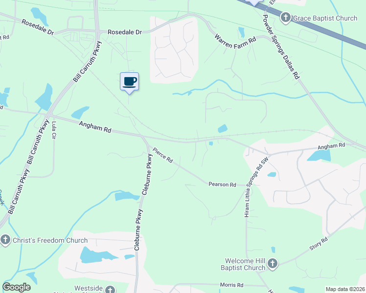 map of restaurants, bars, coffee shops, grocery stores, and more near 1634 Angham Road in Hiram