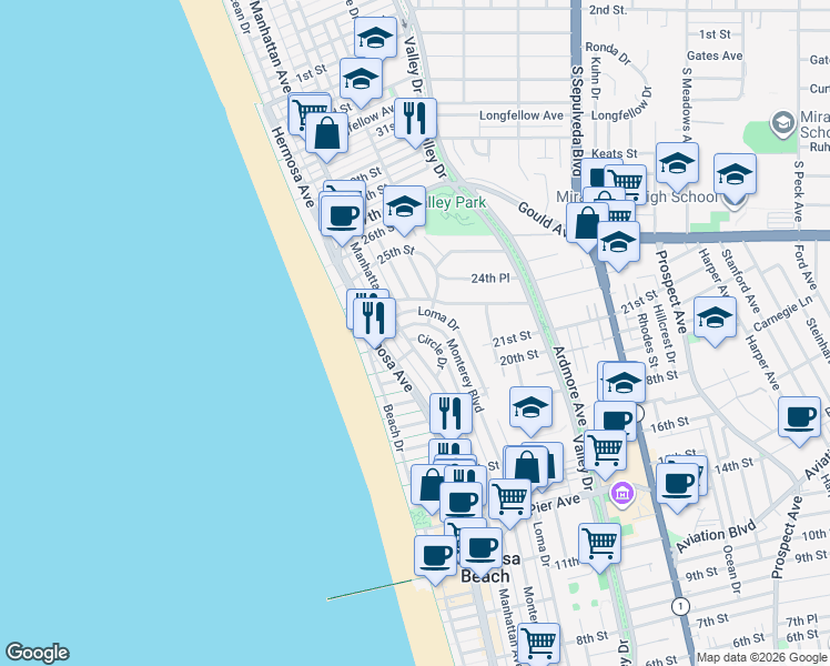 map of restaurants, bars, coffee shops, grocery stores, and more near 2242 Circle Drive in Hermosa Beach