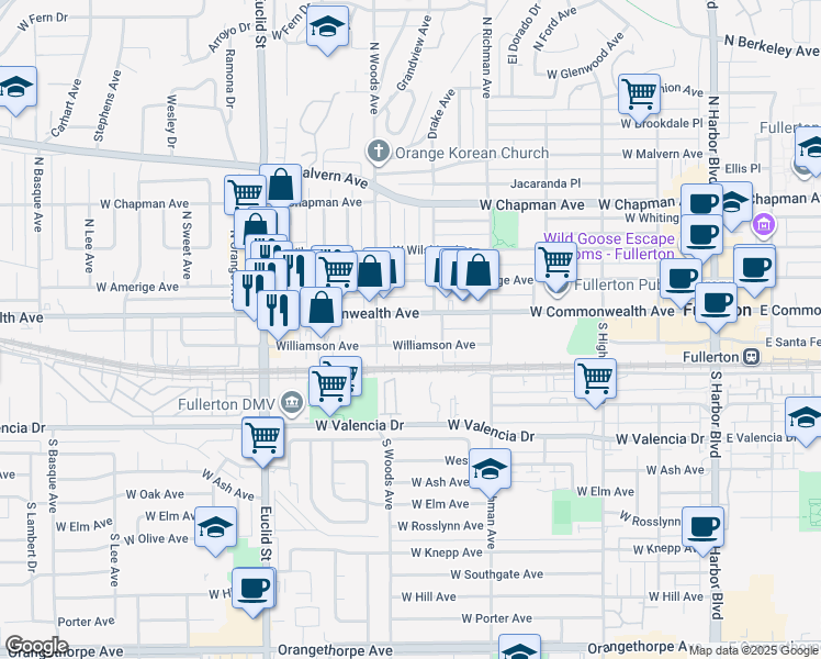 map of restaurants, bars, coffee shops, grocery stores, and more near 616 West Commonwealth Avenue in Fullerton