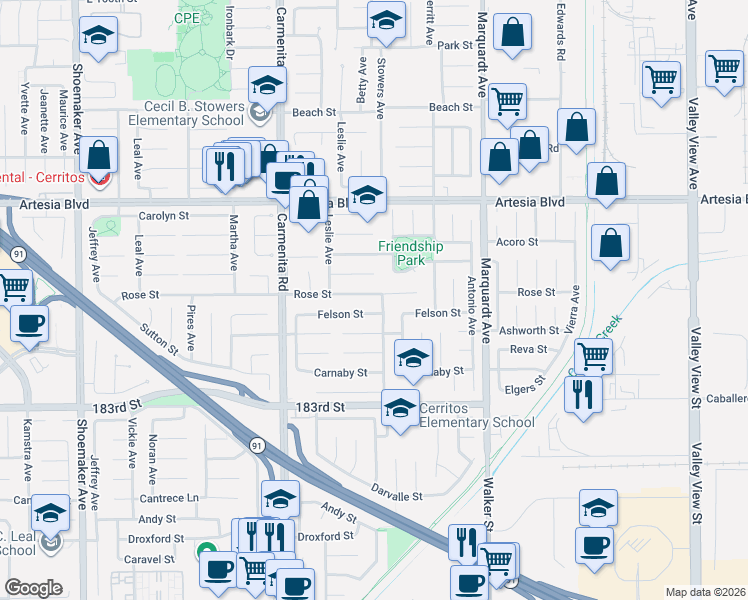 map of restaurants, bars, coffee shops, grocery stores, and more near 13551 Rose Street in Cerritos