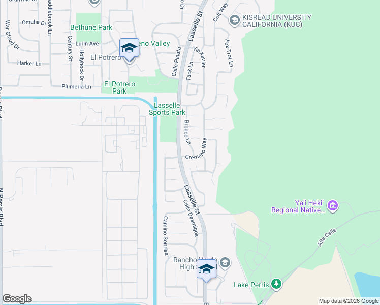 map of restaurants, bars, coffee shops, grocery stores, and more near 17307 Bronco Lane in Moreno Valley