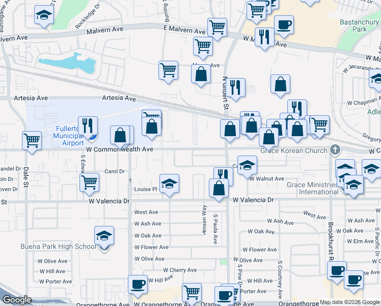 map of restaurants, bars, coffee shops, grocery stores, and more near 2353 West Williamson Avenue in Fullerton