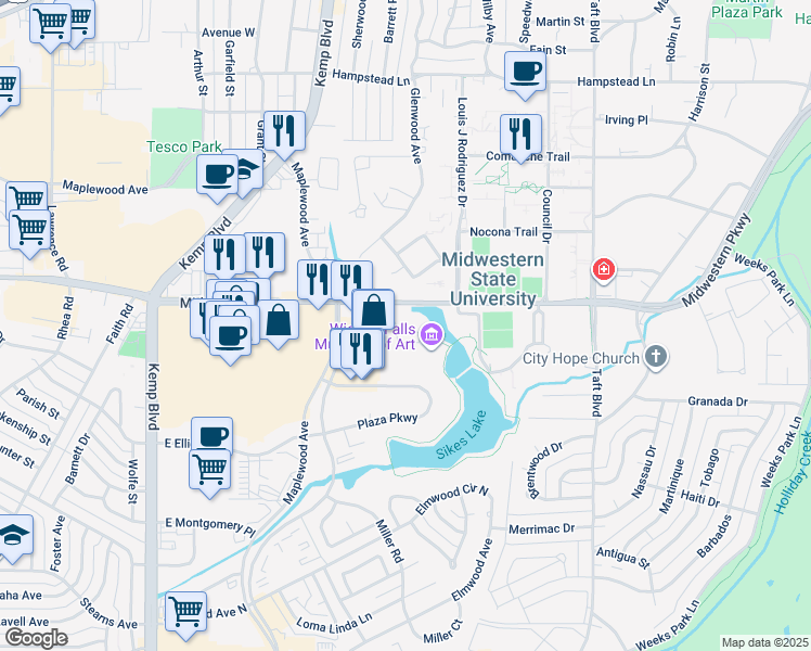 map of restaurants, bars, coffee shops, grocery stores, and more near 77-99 Eureka Cir in Wichita Falls