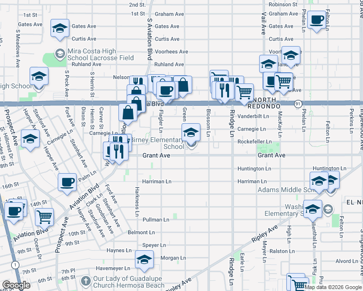 map of restaurants, bars, coffee shops, grocery stores, and more near 1922 1/2 Rockefeller Lane in Redondo Beach