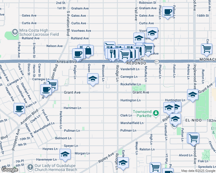 map of restaurants, bars, coffee shops, grocery stores, and more near 2106 Rockefeller Lane in Redondo Beach