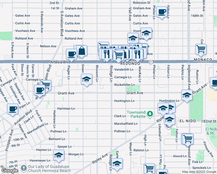 map of restaurants, bars, coffee shops, grocery stores, and more near 2200 Rockefeller Lane in Redondo Beach
