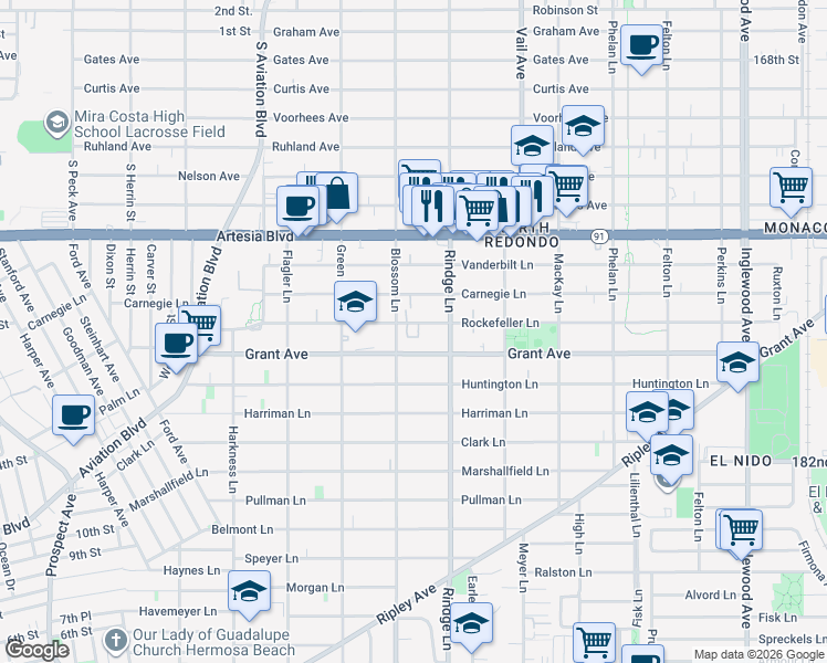 map of restaurants, bars, coffee shops, grocery stores, and more near 2108 Rockefeller Lane in Redondo Beach