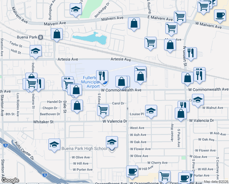 map of restaurants, bars, coffee shops, grocery stores, and more near 3828 West Commonwealth Avenue in Fullerton