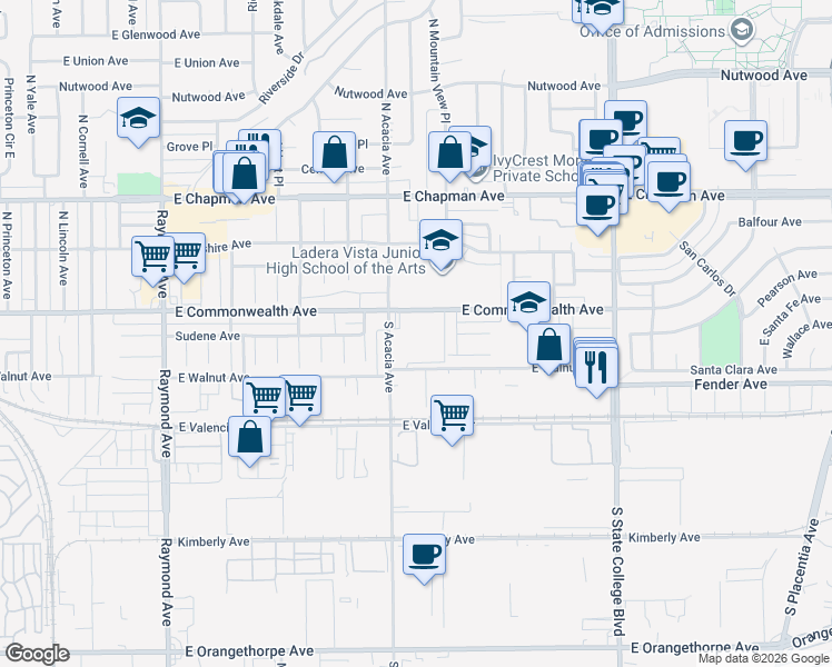 map of restaurants, bars, coffee shops, grocery stores, and more near 1728 East Commonwealth Avenue in Fullerton