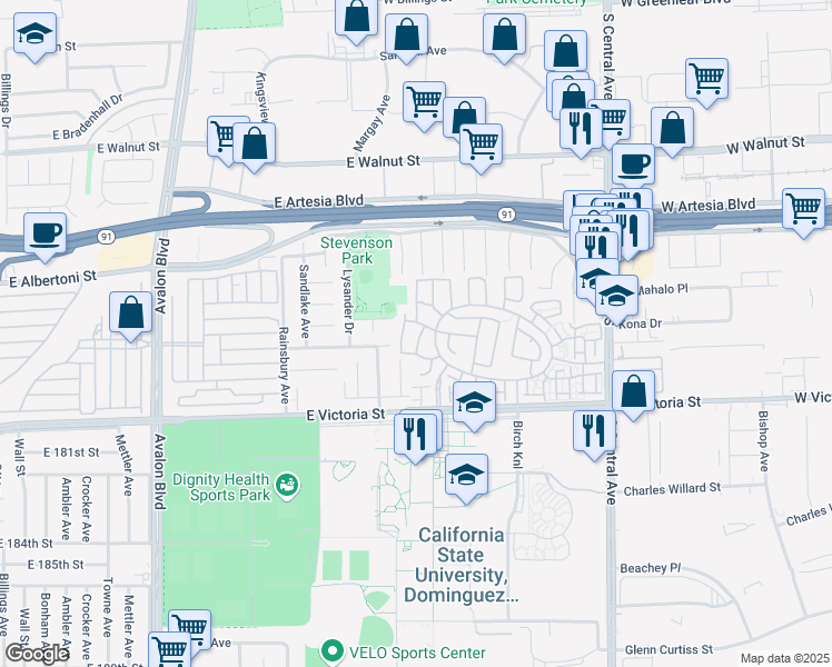 map of restaurants, bars, coffee shops, grocery stores, and more near 17609 Catalpa Way in Carson