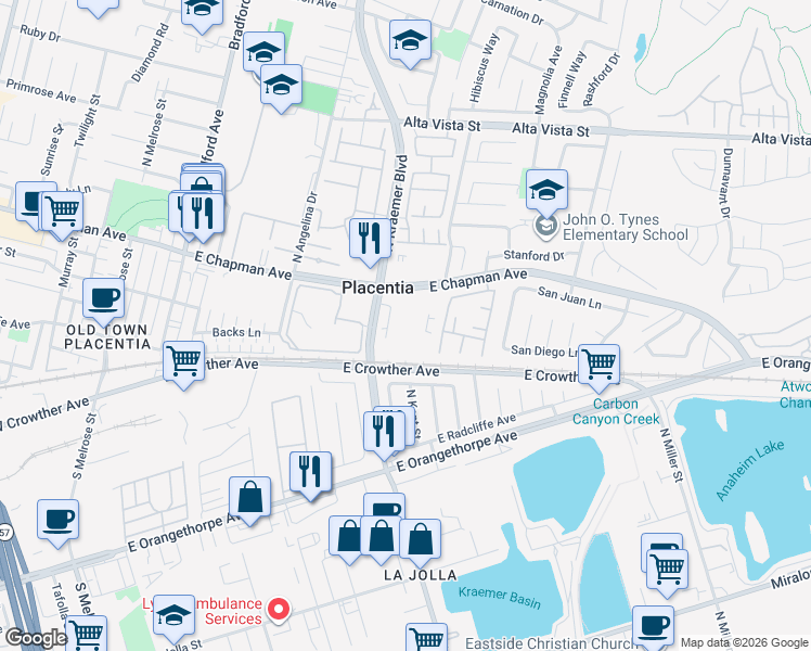 map of restaurants, bars, coffee shops, grocery stores, and more near 212 South Kraemer Boulevard in Placentia